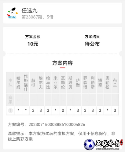 足彩任选九23087期方案推荐，两种方案任你选择。